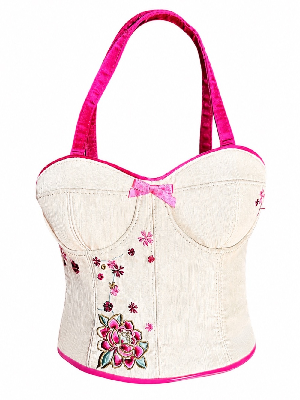 Hillard & Hanson Corset Embroidered Floral Mini Tote Bag Hot Pink & Cream
